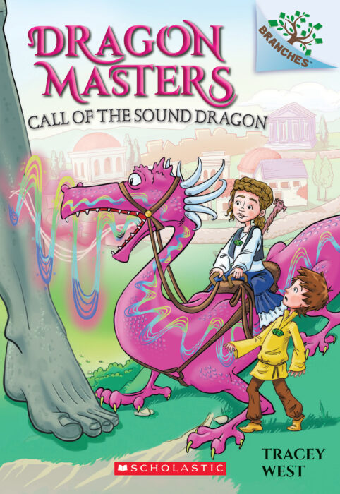 The cover of "Dragon Masters: Call of the Sound Dragon" featuring a drawing of a young girl riding pink dragon.