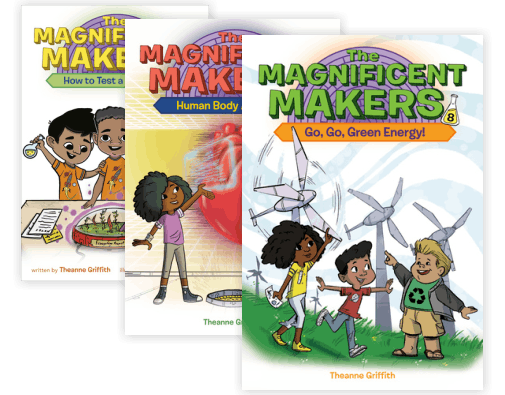 Three books covers from Magnificent Makers series feature three young cartoon characters.